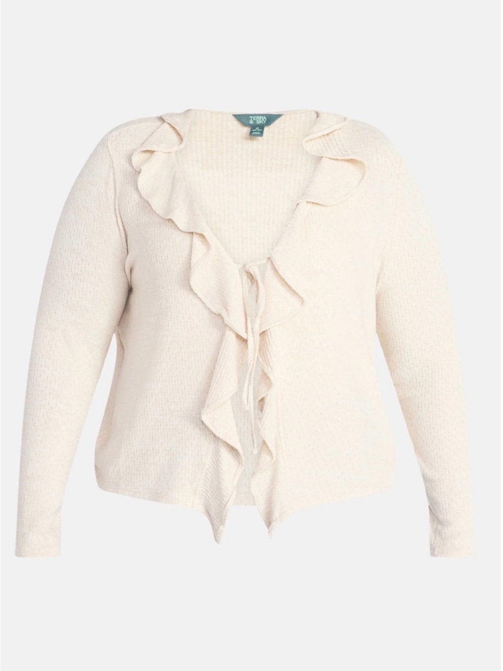 Terra & Sky Women’s Plus Tie Front Ruffle Cardigan Sweater, (Sizes 1X-3X)